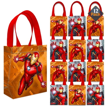 Iron Man Party Favor Bags Set – 12 Pack 8" Marvel Goodie Bags for Kids Bulk Reusable Mini Totes | Avengers Iron Man Birthday Party Supplies