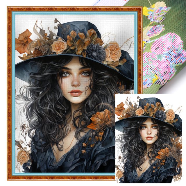 (11CTACC-2256__C__ 50x65) Hilo algodón ecológico bordado 11CT 3 hebras impresión 50*65cm otoño Sombrero Floral Mujer Kit serie personajes punto cruz