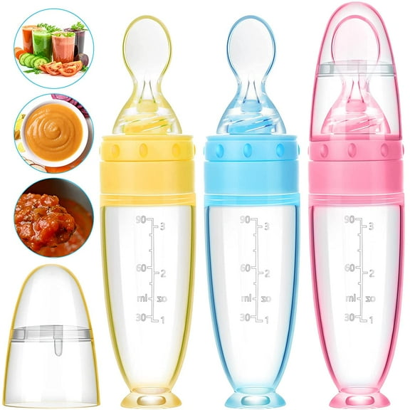 Lsupdaol 3 Pieces Baby Food Feeder 3oz Silicone Baby Food Spoon Dispenser with Standing Base for Infant Dispensing and Feeding