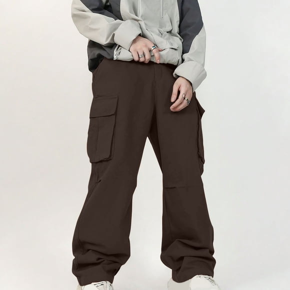 Mceream Flat Pocket Parachute Pants for Men Casual Baggy Cargo Pants Unisex Street Y2K Pants Drawstring Trouser Pantalones Para Hombre Brown XXXL