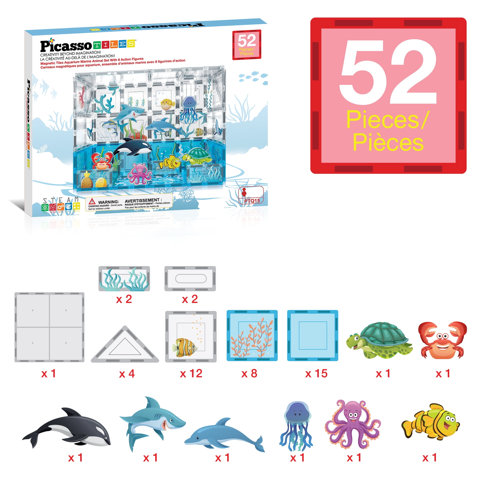 PicassoTiles Magnetic Tiles for Kids – Marine Animal Theme 52PCS STEM Construction Building Blocks Educational Toy
