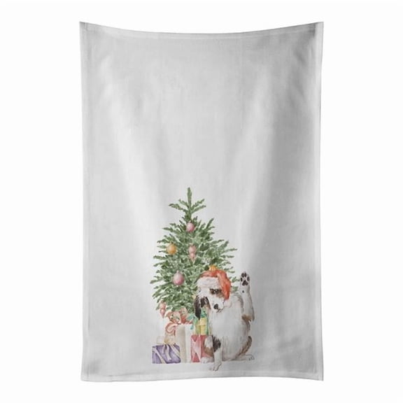 Carolines Treasures CK8198WTKT 28 x 19 in. Unisex Australian Shepherd High Five Christmas Presents & Tree White Dish Towels Kitchen Towel - Set of 2