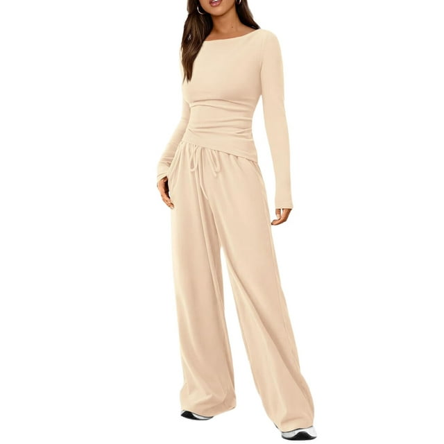Conjuntos de Dos Piezas para Mujer: Camiseta Asimétrica de Larga, Pantalones Anchos y Chándal Informal. Crema XS
