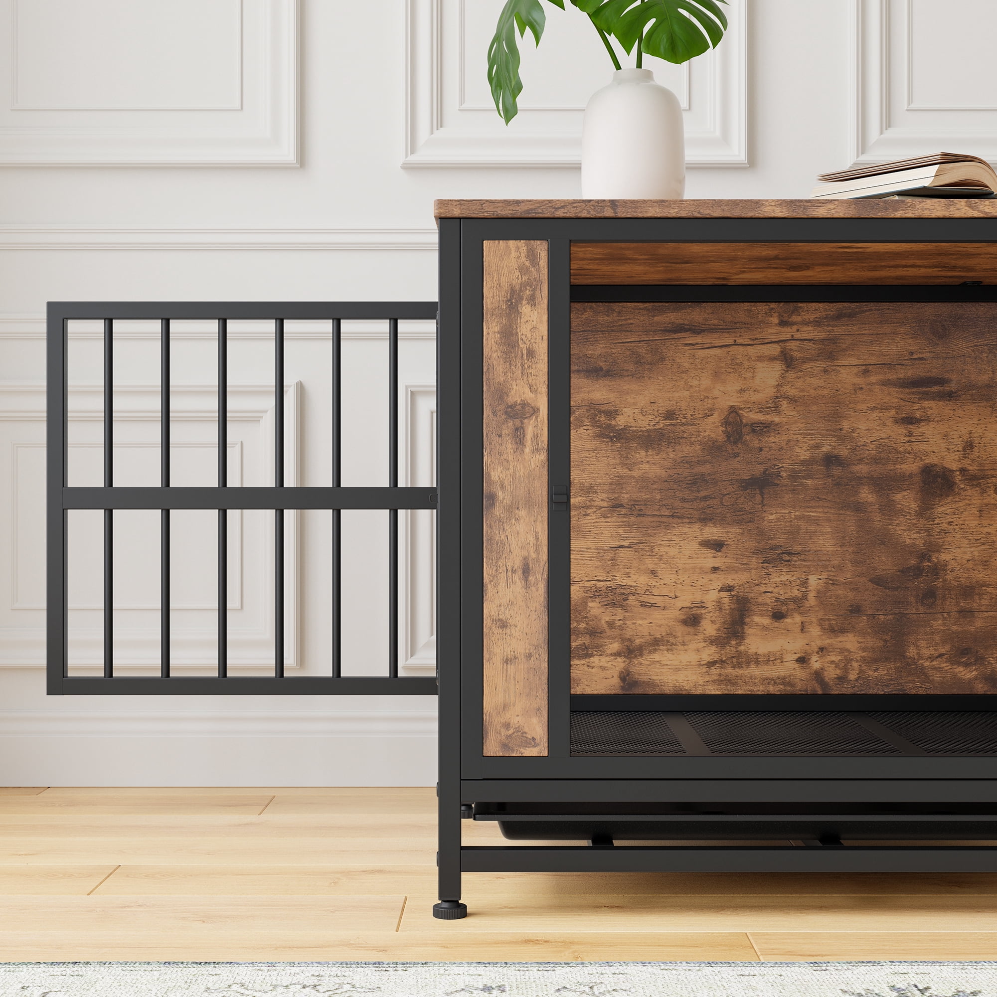 Dog Crate Furniture, Wooden Dog Crate Table, 38.9" Dog Kennel with 2 Sliding Doors and Thick Iron Door Frame, Decorative Pet Crate House