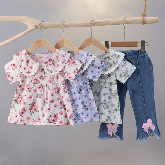 Toddler Baby Girl Clothes Cute Girl Outfit Fall Winter Print Shirt Top Flare Jeans Outfit Set