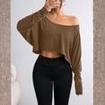 thumbnail image 4 of Womens Off Shoulder Long Sleeve Crop Tops Sexy Boat Neck Loose Casual T Shirt Coffee S, 4 of 6