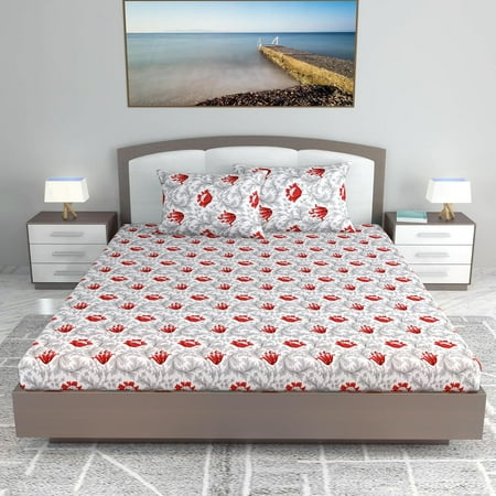 King Size Double Bedsheet With 2 Pillow Covers – 108 X 108 Inches Grey & Red | Ideal For Gifting Diwali Dussehra – Soft & Smoothing Touch