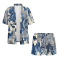 thumbnail image 4 of FKEKYI Grunge Camo Blue Print Women's 2 Piece Short Set Open Front Shirt Top & Shorts with Elastic Waist Beachwear Loungewear Set for Ladies Summer Outfits, XL, 4 of 7