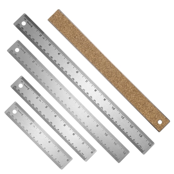 Uxcell 4pcs Stainless Steel Metal Ruler 35/30/20/15cm Cork Backing Inch Metric Ruler
