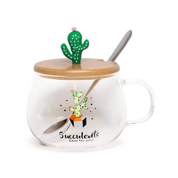 Cute Succulent Mug Glass Mug with Spoon and Wood Lid