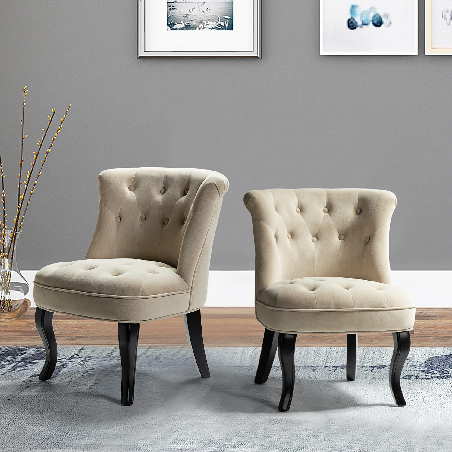 Velvet Accent Side Chair with Tufted Back Set of 2 in Tan - Walmart.com