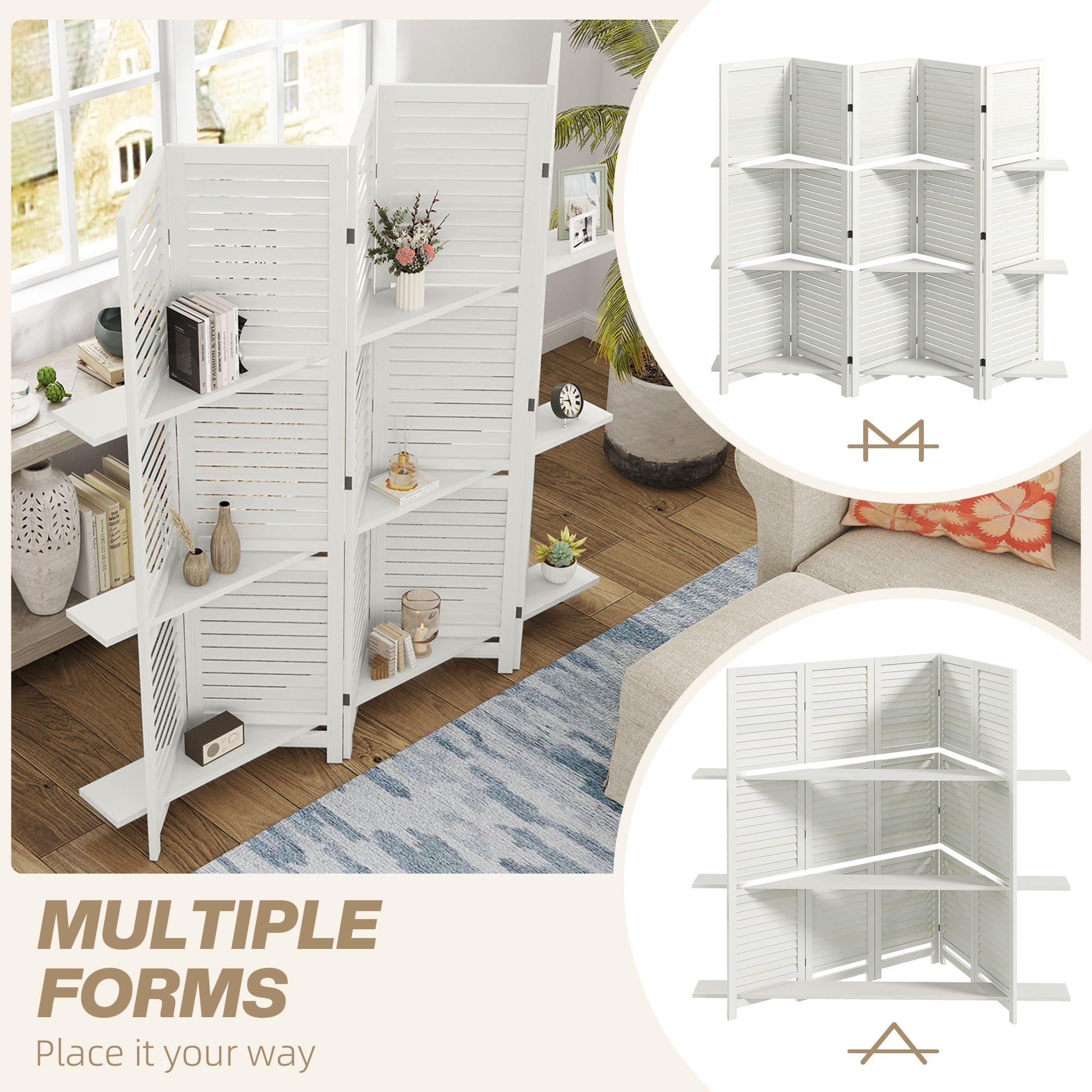 HOMCOM 5 Panel 67" Tall Wood Privacy Screen Room Divider with 3 Display Shelves, and Folding Storage for Bedroom or Home Office, White