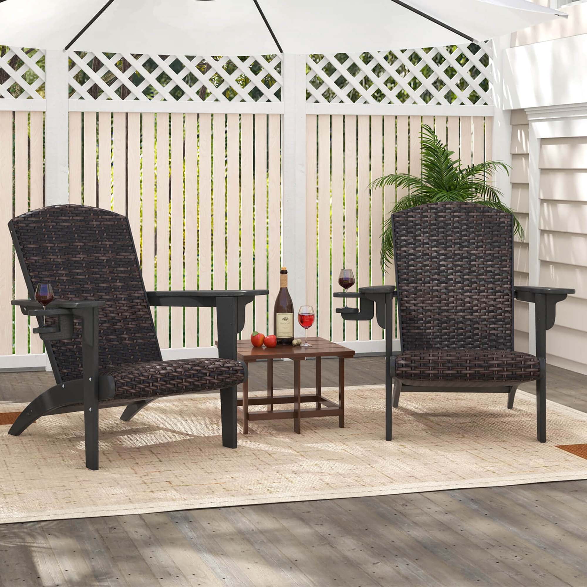 Costway Patio Adirondack Chair with Rattan Padded Seat Wide Armrests & Hidden Cupholder Black