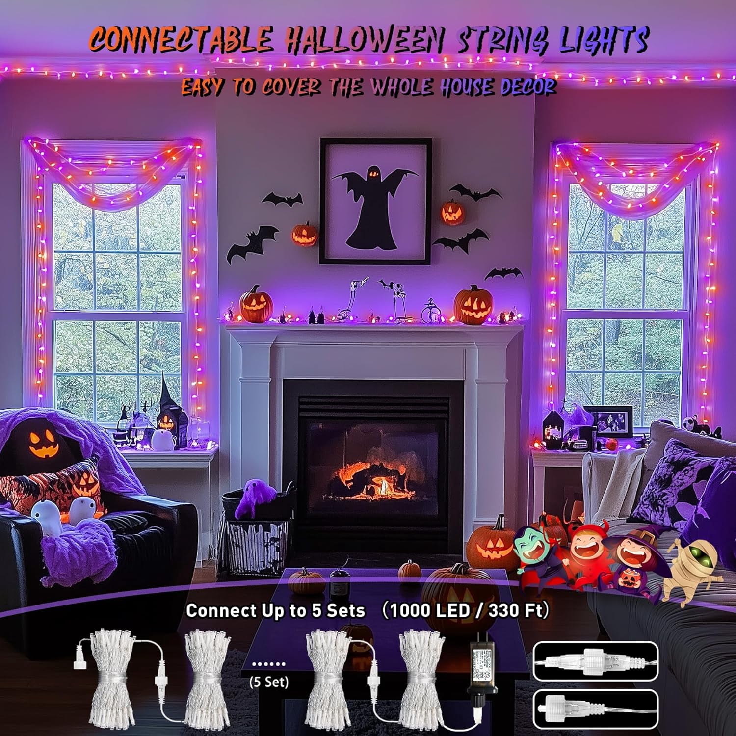 JMEXSUSS Halloween Lights Outdoor, 66FT Purple Orange Lights for Halloween Decorations, 200 LED Halloween String Lights Indoor for Bedroom Fireplace Mantel Party Patio Yard Door Halloween Tree