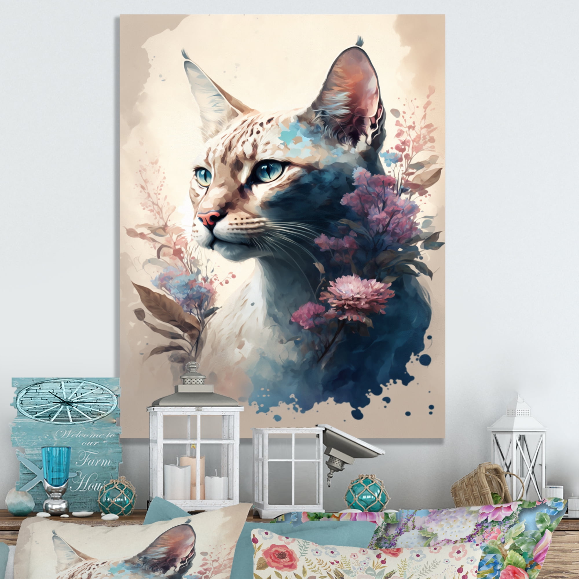 Designart Cute Siamese Floral Art II Canvas Wall Art