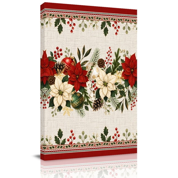 Canvas Wall Art, Red Poinsettia Christmas Framed Canvas Prints for Living Room Office, Xmas Botanical Red Border Rustic Large Gallery Wrapped Wall Decor for Home Office, Gifts, 16"x24" Ship Next Day