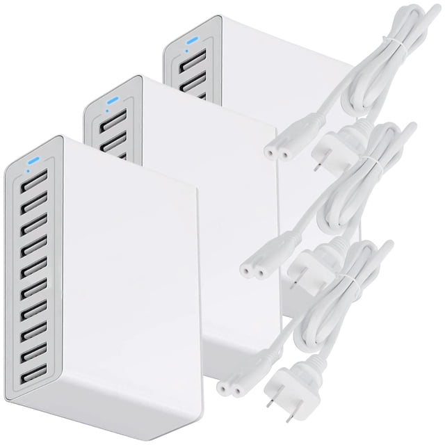 Cargadores USB Multipuertos VentDepot ChargerFastWhite 3Pzas 10 Puertos USB 100-240V 50-60Hz 5V 10A Max Blanco