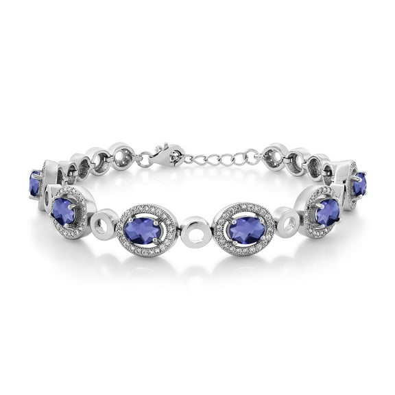 Gem Stone King 925 Sterling Silver Blue Iolite Tennis Bracelet for Women (5.82 Cttw, Gemstone Birthstone, Oval Checkerboard 7X5MM, 7 inch with 1 inch Extender)