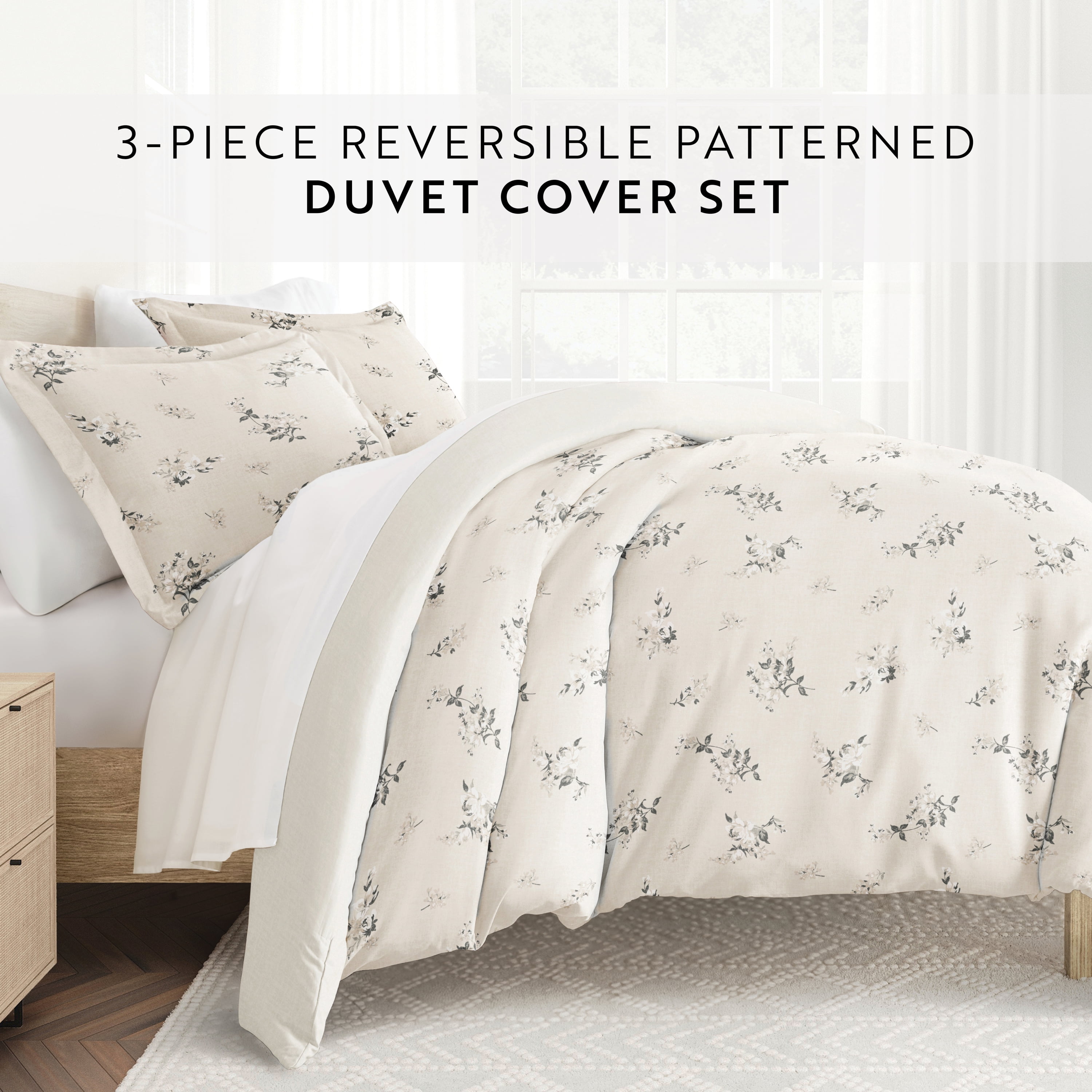 Noble Linens Delicate Floral Ivory 3-Piece Patterned Duvet Cover Set, King
