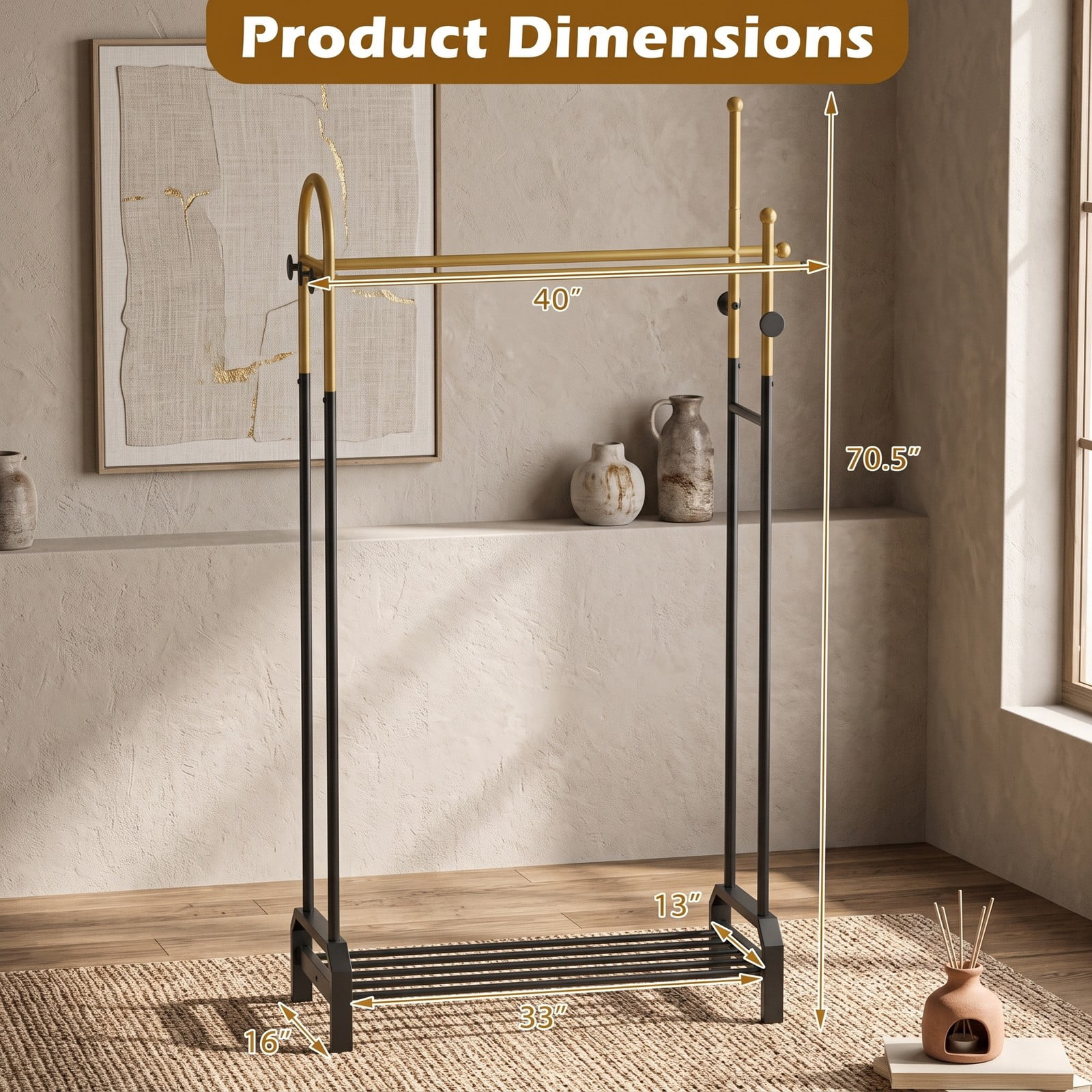 Furnibear Double Rod Garment Rack with 5 Side Hooks and Bottom Shelf for Bedroom Laundry Room and Closet, Gold and Black