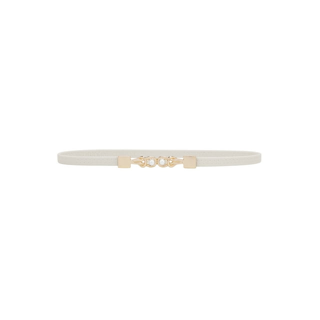 Cinturón de mujer delgado elástico con hebilla de perlas, decoración para vestidos y camisas 65x1.3cm beige