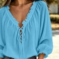 thumbnail image 4 of V Neck Blouses for Women Boho Ruffle Flowy Trendy Lace Up 3/4 Sleeve Tops Elegant Casual Loose Fit Vacation Tunic Shirts, 4 of 7