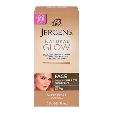 Jergens Natural Glow Face Moisturizer with SPF 20, Self Tanner for Fair to Medium Skin Tone, Daily Facial Sunscreen Lotion, 2 Ounce, Oil Free