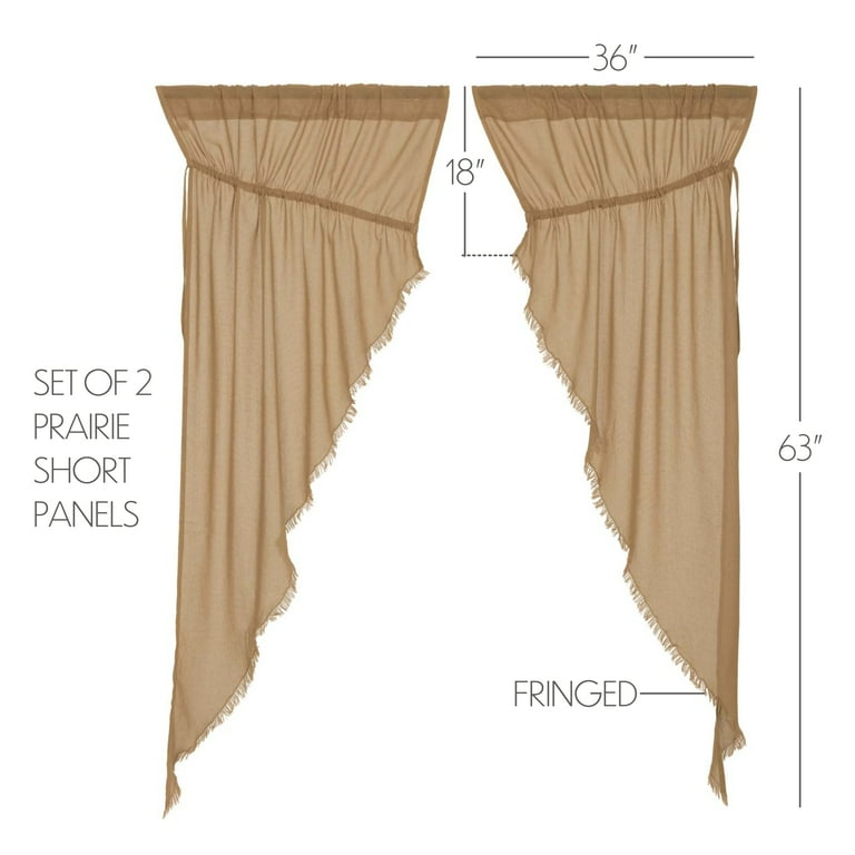 VHC Brands Primitive Farmhouse Window Tobacco Cloth Fringed Prairie Curtain  Pair, x King, Khaki Tan