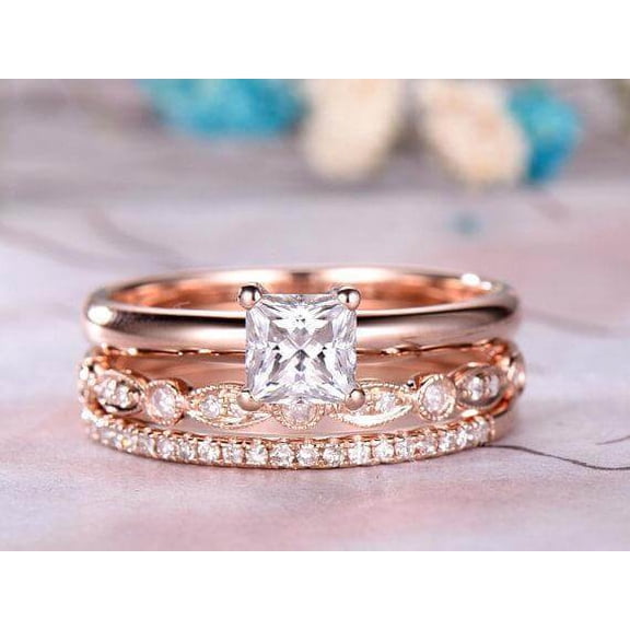 Vintage 2.25 ct Moissanite Diamond Trio Wedding Ring Set with 18k Gold Plating