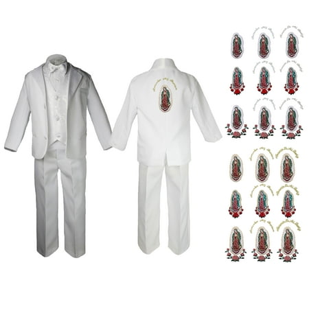 

New Born Baby Boy Teen Christening Baptism Communion Formal White Paisley Suit Silver or Gold Guadalupe on Back SM-20
