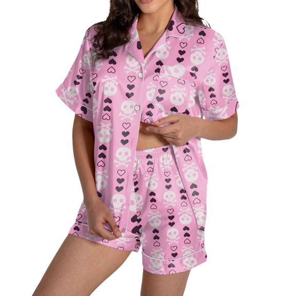 XIAONU Skull Heart Print Pajama Set For Women Short Sleeve Button Down Casual Nightwear Outfit Set