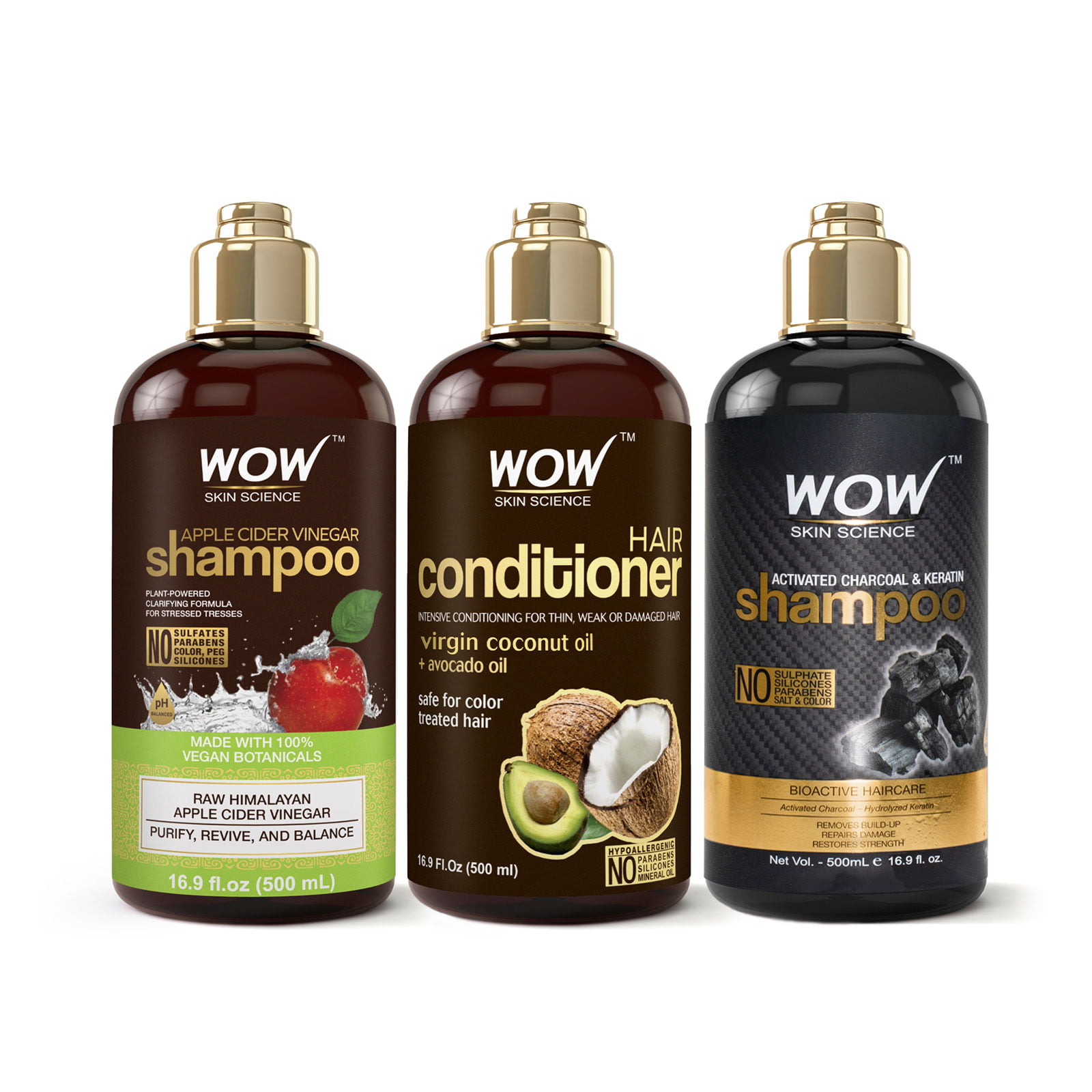 WOW Skin Science Apple Cider Vinegar Shampoo and Coconut Avocado Hair  Conditioner with Charcoal Shampoo (3x 500ml) 