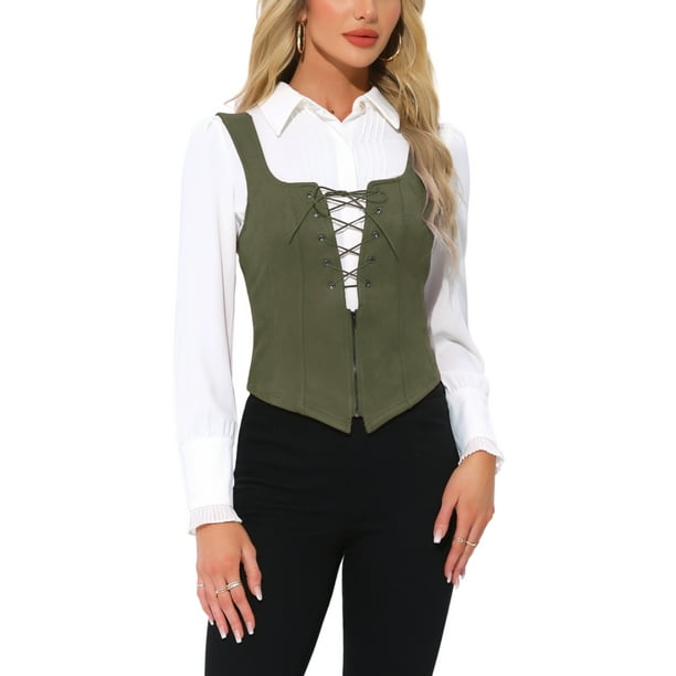 CHALECO VINTAGE INSPIRE CHIC PARA MUJERES CON CREMALLERA DE ENCAGE, CHAQUETA CORTA, TIRANTES ANCHOS, SIN MANGAS, TIPO CHALET, TALLA XS, VERDE OSCURO