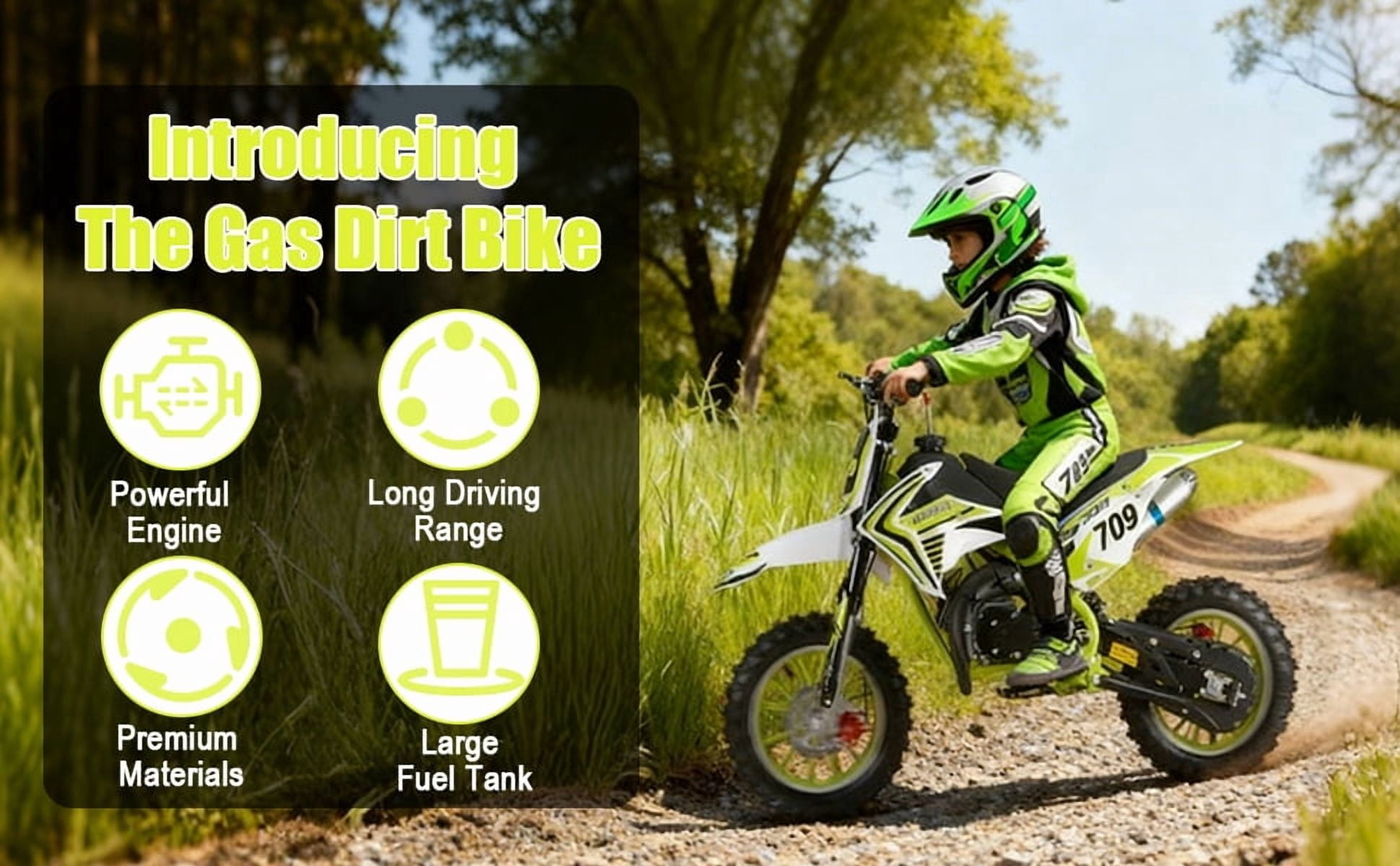 Korogimeeet Gas Powered Mini Dirt Bike 49cc 2-Stroke, Hand-Pull Start, 10 Inch Off-Road Tires, Dual Disc Brakes, Infinitely Variable, 30KM/H Max Speed, 150kg, 47 x 28 Inch