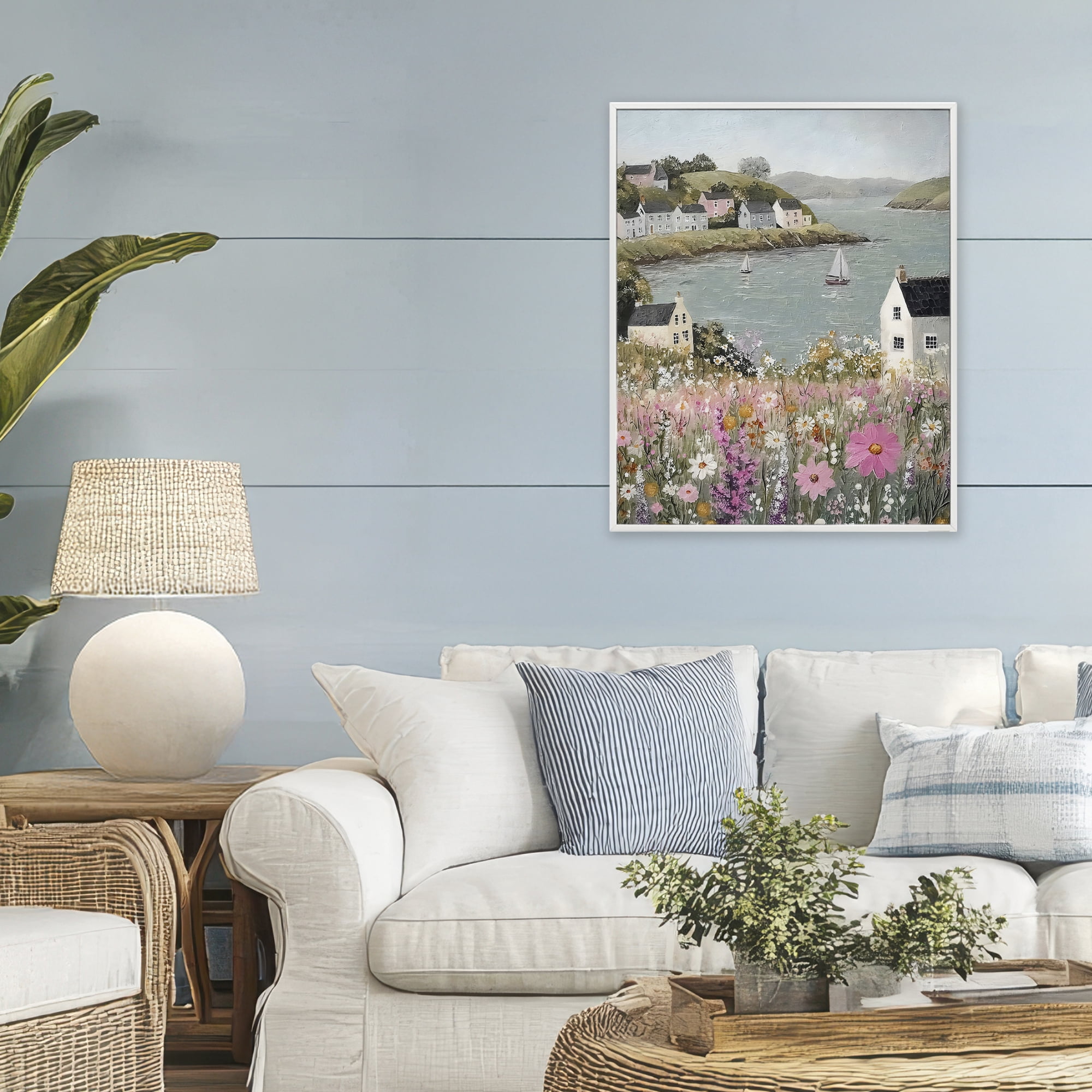Stupell Industries Seaside Cottages & Sailboats White Framed Giclee Art, design by Riley B