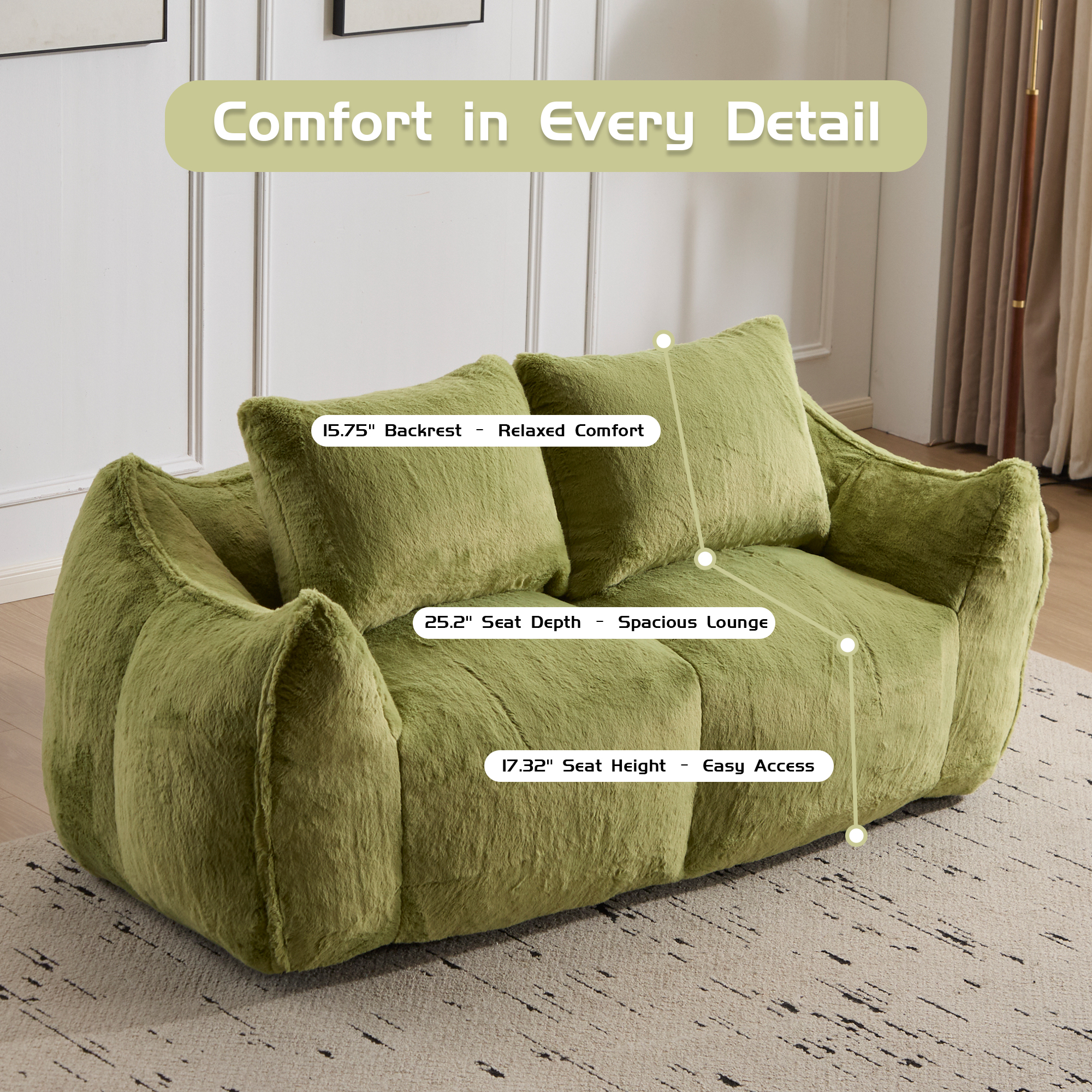 Aukfa Faux Fur Loveseat, 25" Deep Seat Giant Bean Bag Sofa for Living Room, Green