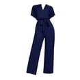 thumbnail image 3 of Summer Loose Fit Solid Color V-Neck Short Sleeve Rompers,Women's Belt Casual Fashion Jumpsuit, 3 of 4