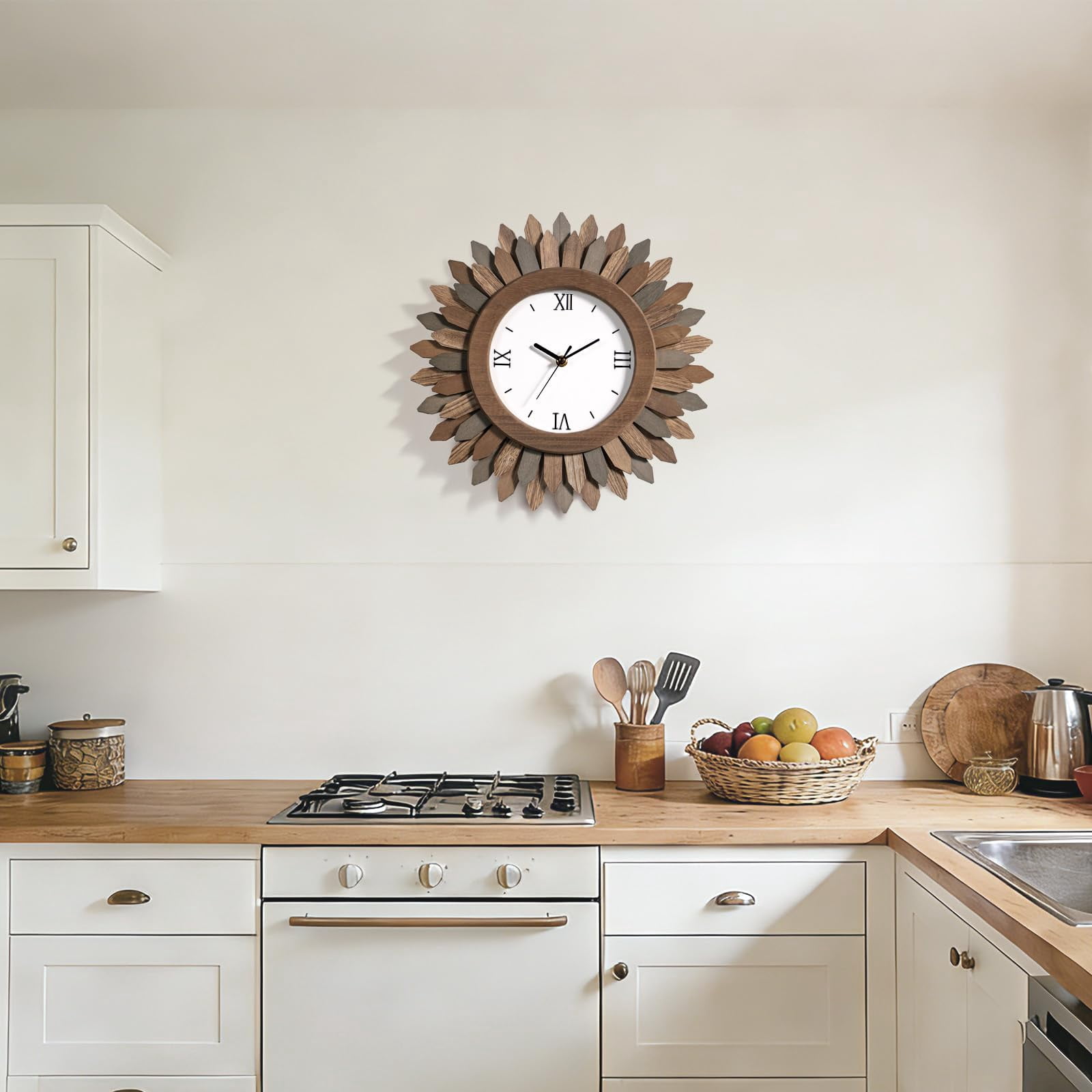 14 In Rustic Wood Boho Sunburst Decorative Wall Clock Silent Non Ticking Farmhouse Small Wall Clocks for Living Room Kitchen Bedroom Decor (Tricolor)
