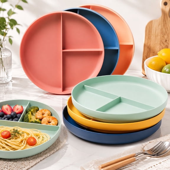 7" 6pk Plastic Divided Kids' Dinner Plates Reusable, Dishwasher & Microwave Safe, Kids Dinnerware