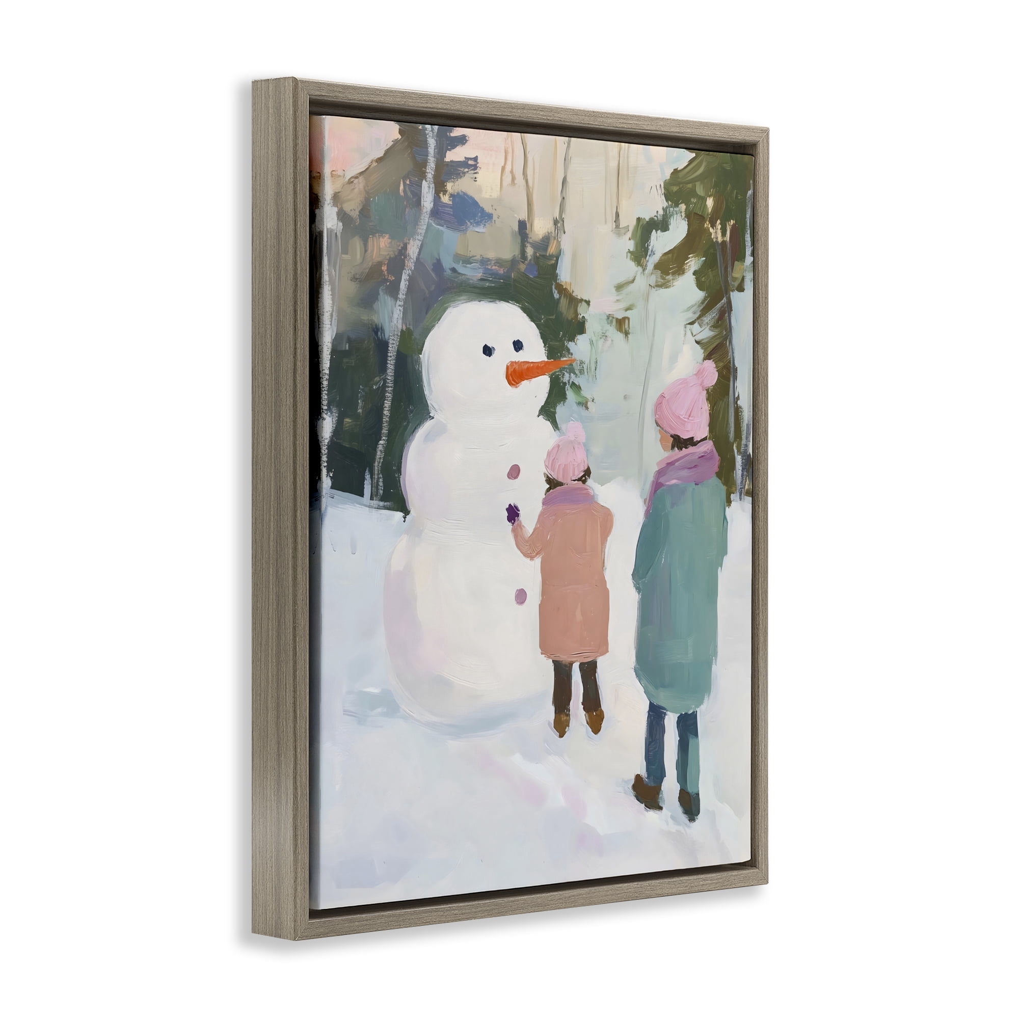 Stupell Industries Two Girls With Snowman Brown Framed Floater Canvas Wall Art, design by The Prints Vibe