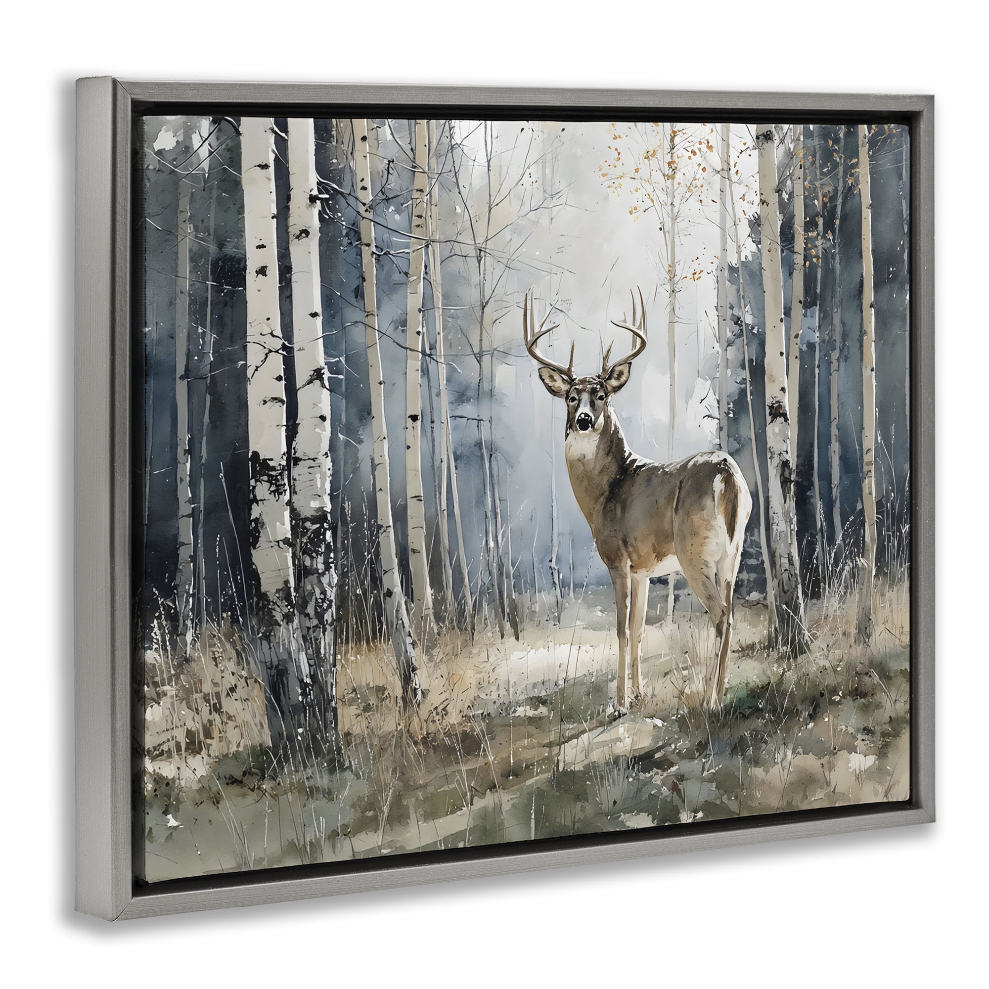 Stupell Industries Lone Stag in Birch Forest Gray Framed Floater Canvas Wall Art, design by Franklyn Gregory