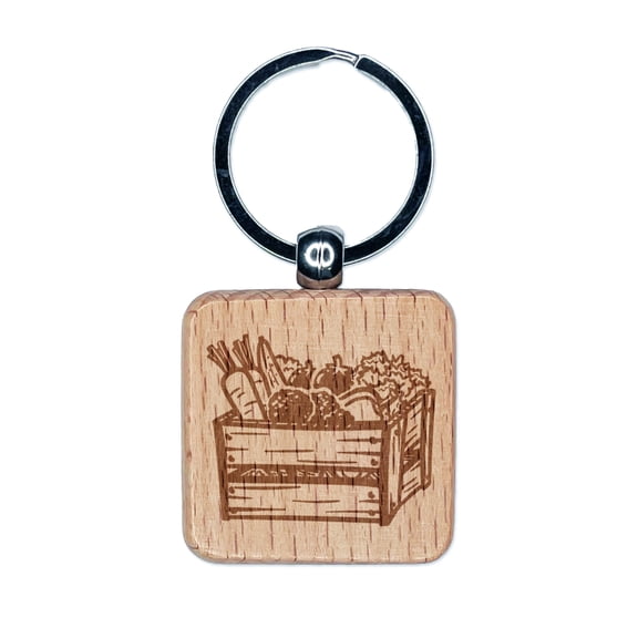 Wooden Vegetable Crate from the Garden Square Keychain Charm Tag - Engraved Wood