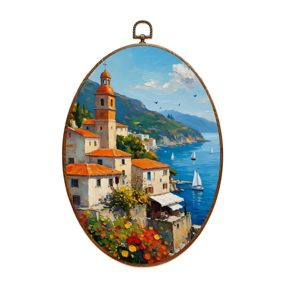 Mediterranean Canvas Wall Art Coastal Village Red Tiled Roofs Overlooking Peaceful Bay Sailboats Oval Framed Canvas Prints Vintage Wall Hanging Decor for Home Decorations 8.6"x11.4"