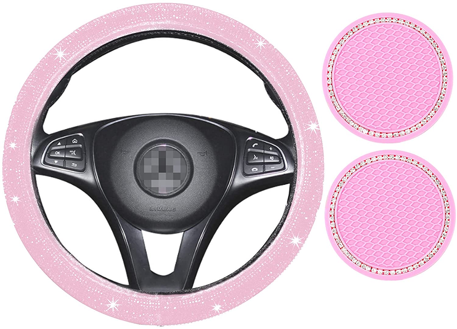 Pink Steering Wheel Covers for Women Girls, 15 inch Stretchy Bling  Rhinestone Steering Wheel Cover Cute Car Accessories with Pack Car  Coasters for Cup Holders