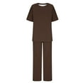thumbnail image 4 of Dazajoo Women's 2 Piece Linen Set Summer Short Sleeve Crew Neck Tops and Wide Leg Pants with Pockets,Brown,L, 4 of 5