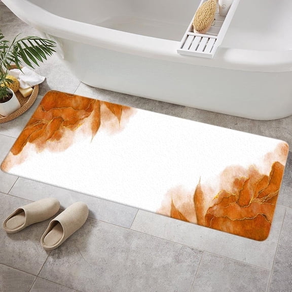 Orange and Gold Marble Bath Mat for Bathroom, Modern Abstract Burnt Orange Brown White Floor Rugs Mats Non Slip Cute Ombre Bathroom Decor Accessories 16X48 Inches Kitchen Bedroom Indoor