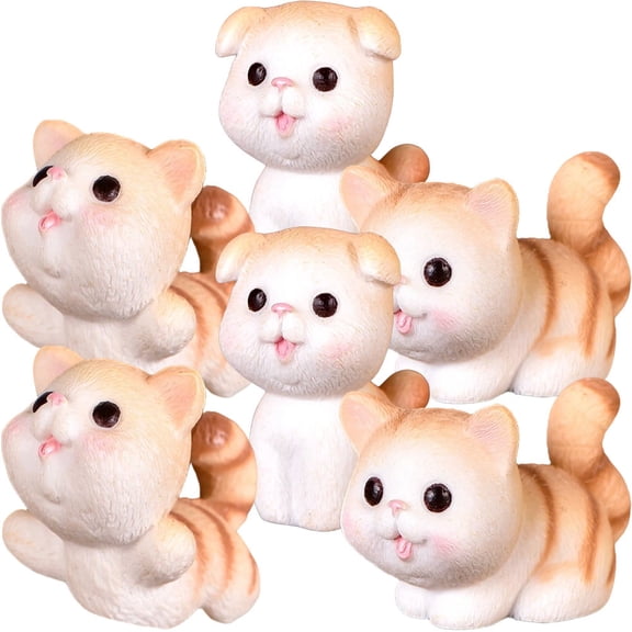 NUOLUX Set of 6 Miniature Cat Statues Cute Resin Animal Sculptures Assorted Colors Garden Decor Accessories