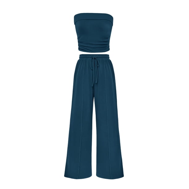 Conjunto de Mujer PRETTYGARDEN de 2 Piezas con Top Corto de Punto Acanalado y Pantalones Azul Oscuro XS