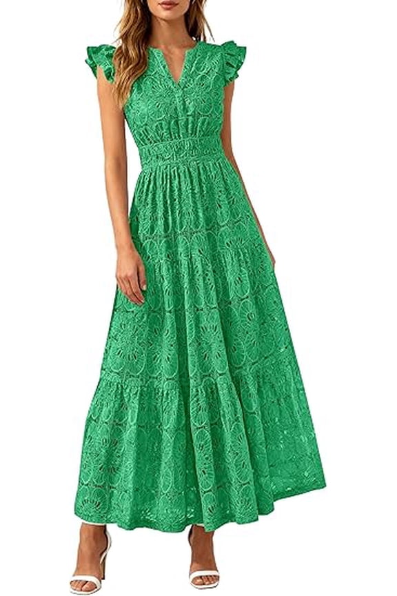Womens Boho Maxi Dresses Summer Floral Lace Eyelet V Neck Spring Wedding Guest Dress Beach Vacation Clothes
