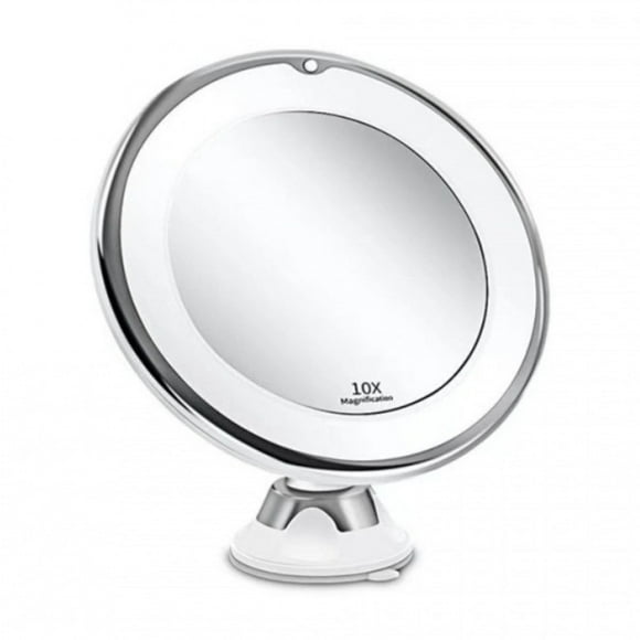 Espejo cosmético con aumento de 10x e iluminación LED para maquillaje.